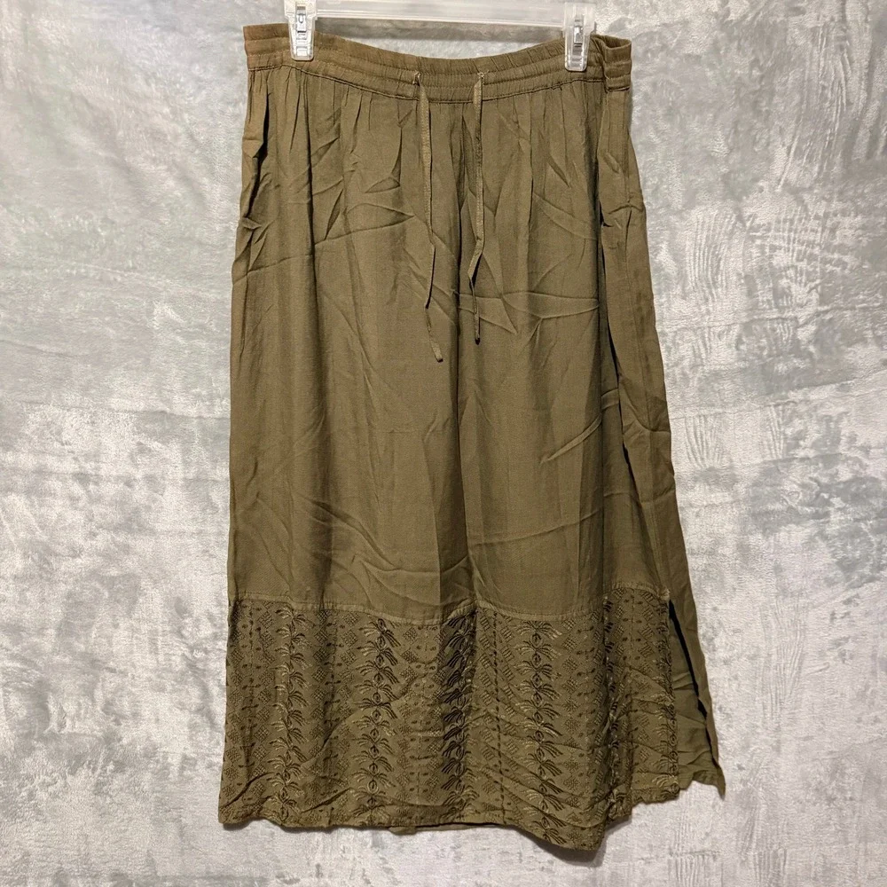 Rave Maxi Skirt Womens Size Medium Olive Green Embroidered Hem Rayon Boho